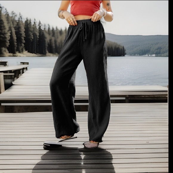 Linen Drawstring High Waisted Casual Loose Fit Wide Leg Stretchy Long Leg Pants - Picture 5 of 15